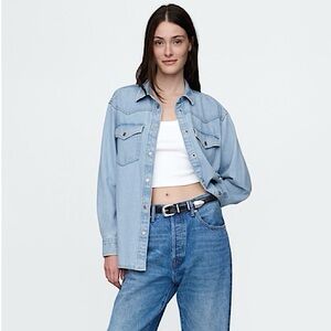 NWT Classic Blue Denim Western Snap Button Oversized Boyfriend Shirt